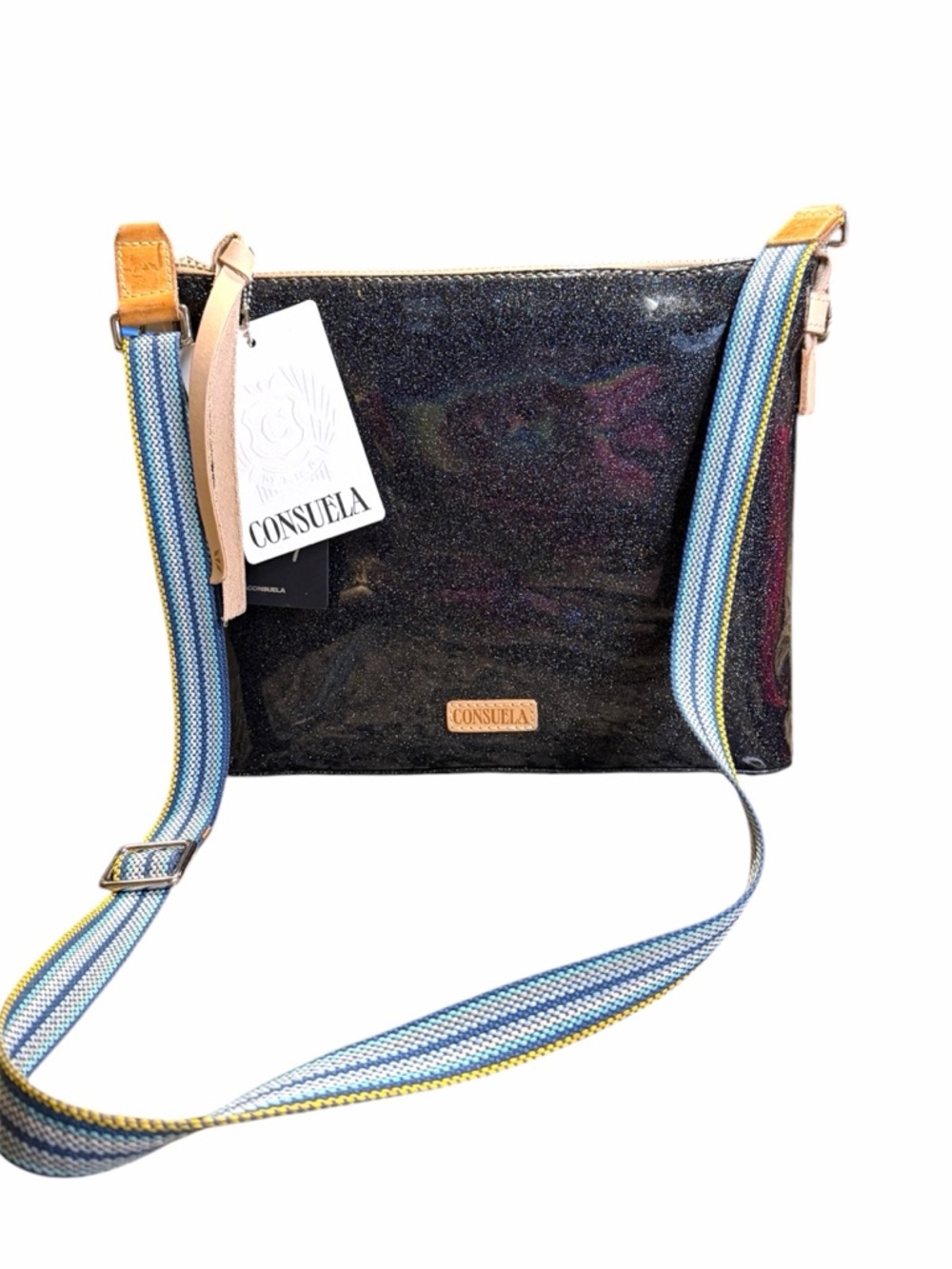Consuela Black Glitter Downtown Mariana Crossbody with Blue Striped Strap - nwt
